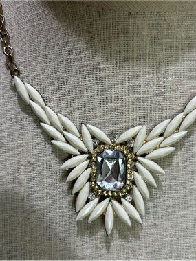 White and Gold Statement Necklace with Clear Crystal Center
